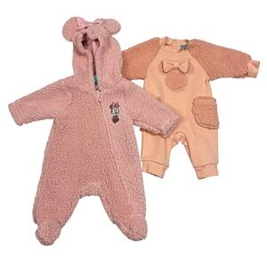 Disney Baby Minnie Mouse Pink Sherpa Fleece Hooded‎ Footed Jumpsuit - SizeNB